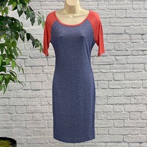 LuLaRoe Julia Dress XS – Blue & Red Raglan Sleeve Casual Midi